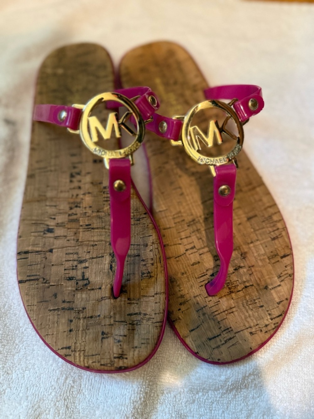 Michael Kors Fuchsia Patent T-Strap Sandals with Gold MK Hardware